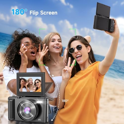 5K Vlogging Digital Camera for Beginners, 80MP Travel Camera for Photography with 32GB Card, 18X Zoom Portable Compact Camera with 180° Flip Screen