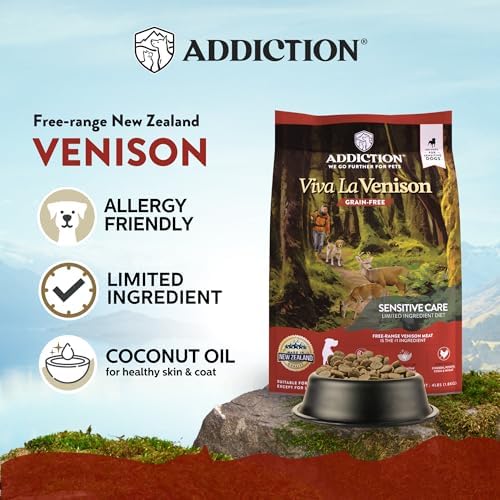 Addiction Viva La Venison Dog Food – Grain-Free Dry Dog Food with Novel Protein & Prebiotics, No Chicken, Beef, or Turkey – Ideal for All Dogs & Puppies – Made in New Zealand 4lb