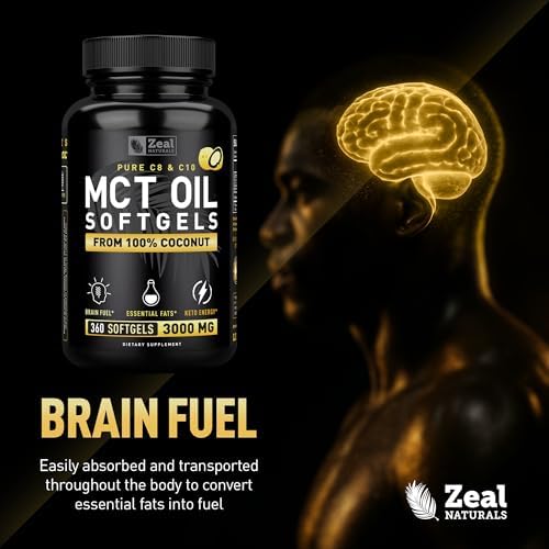 Pure MCT Oil Capsules (360 Softgels | 3000mg) 4 Month Supply Keto Pills w Unrefined Coconut - C10 & C8 Brain Fuel, Energy, Octane Ketosis