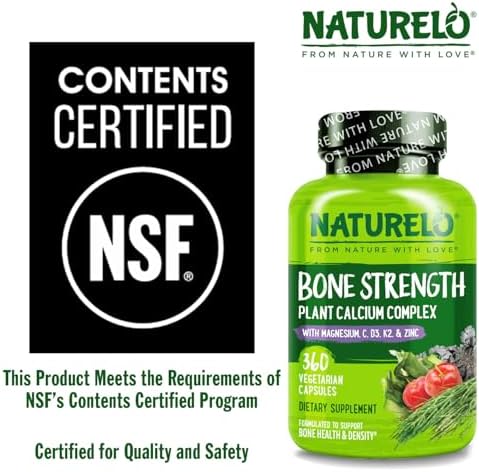 NATURELO Calcium Supplement with Vitamin C, D3, K2, 120 Vegetarian Capsules | Magnesium & Zinc for Bone Strength,Plant-Based Calcium 600mg , Non-GMO, Soy & Gluten-Free