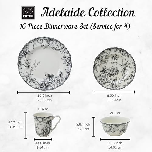 222 Fifth Adelaide 16-Piece Black Porcelain Dinnerware Set – Service for 4, Featuring Hand-Applied Romantic Woodland Bird Design