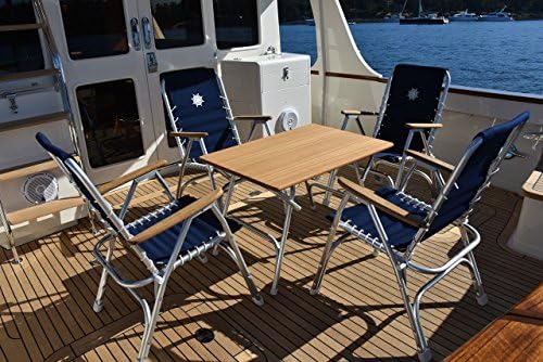 Boat Chairs High Back Navy Blue Deck Folding Marine Aluminum Teak Furniture Set of 2 M150NB