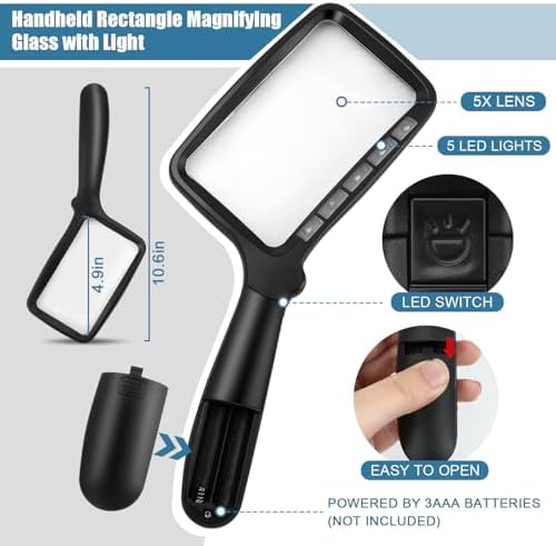Folding Handheld Magnifying Glass with Light, 5X Large Rectangle Reading Magnifier with Dimmable LED for Seniors with Macular Degeneration, Newspaper
