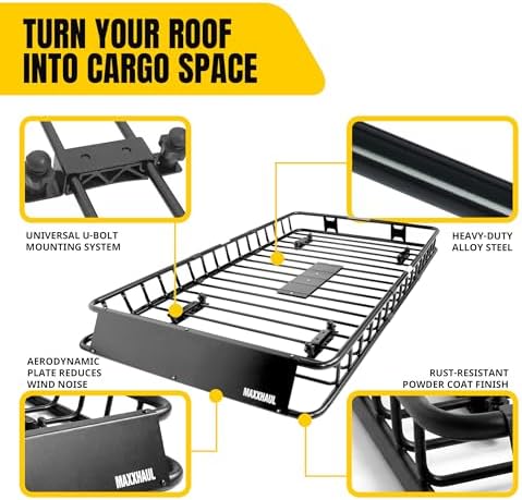 MaxxHaul Steel Roof Rack Cargo Basket, 46" x 36" x 4.5" Roof Top Carrier, Universal Fit for Cars, SUVs, Vans, and RVs, 150 lb Capacity, Weather-Resistant Easy-Install Cargo Storage (70115)