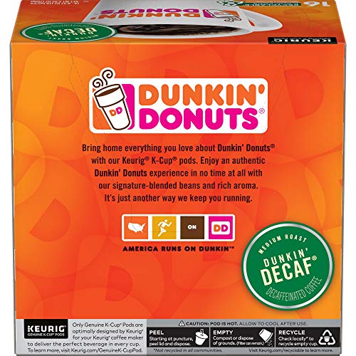 Dunkin' Donuts Medium Roast Decaf Coffee, 64 K Cups for Keurig Coffee Makers