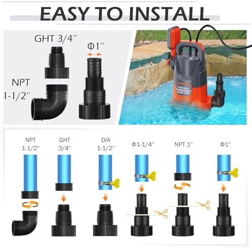 Automatic Sump Pump with Float Submersible Utility Water Pump 1HP | Pool Draining Pump with Adapters