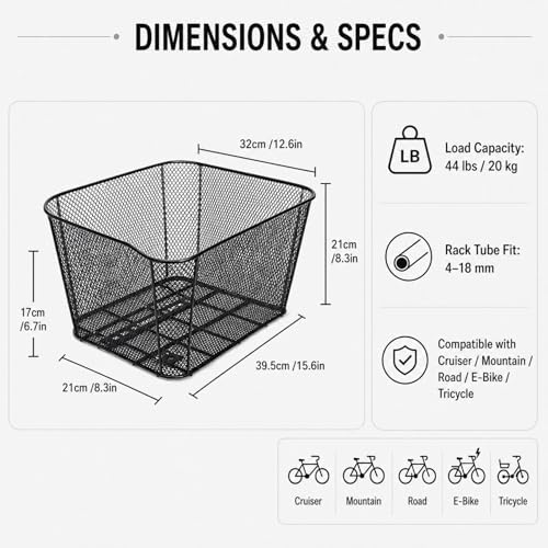 Rear Bike Basket with Rain Cover, Heavy-Duty Wire Cargo Rack | Suits most bicycles, ideal for commuting & shopping, easy mount