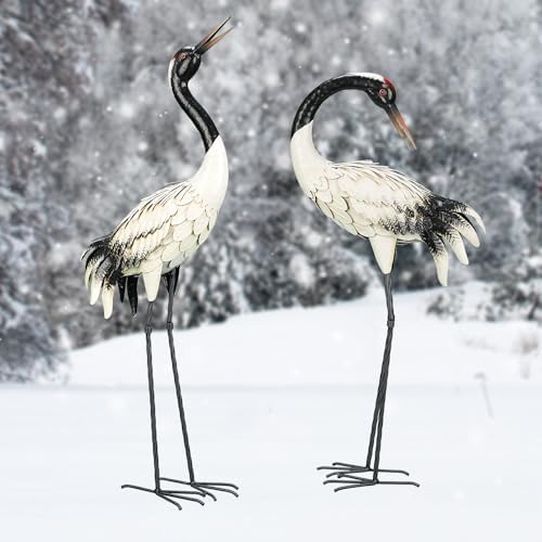 chisheen Garden Crane Statues Outdoor Heron Red Crowned Crane Metal Yard Art Sculpture,Set of 2