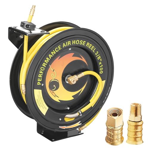 100-FT Retractable Air Hose Reel – 300 PSI Heavy-Duty Air Compressor Hose and Reel, Air Hose Auto-Rewind Design, Wall