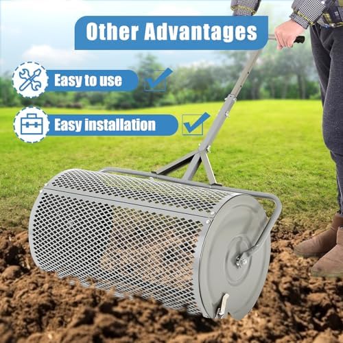 Dollate Large Compost Spreader for Lawn, 27" Spreader with Adjustble Handle Used in Garden Backyard, Durable Roller Spreader for Yard Work Grey
