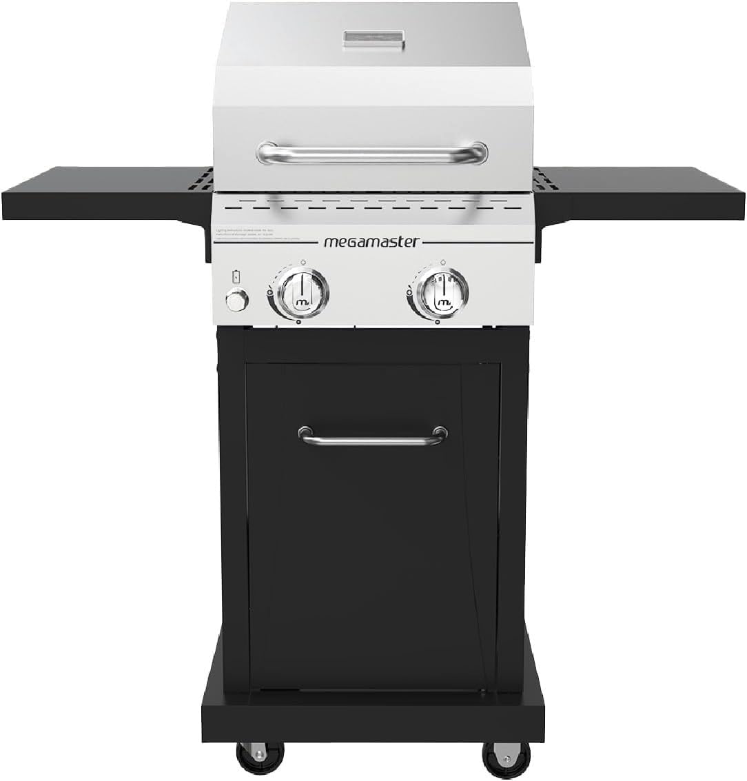 Megamaster Deluxe 2 Burner Gas Grill, Foldable Shelves with Warming Rack | Offers 28000 BTU, Built-In Thermometer, Electronic Ignition
