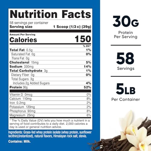 Nutricost Grass-Fed Whey Protein Isolate (Vanilla) 5LBS | GMO-Free, Gluten Free, Natural Flavors