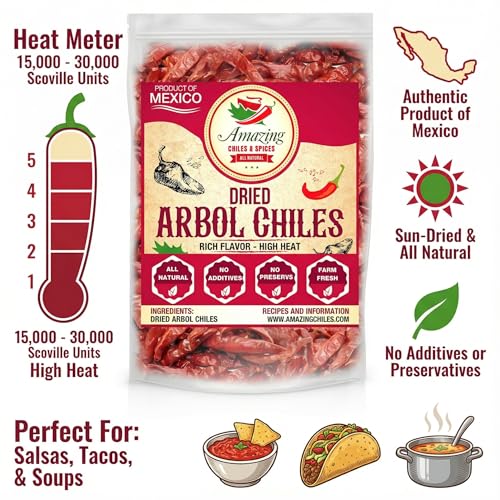 Chile De Arbol 4oz - Dried Whole Red Chili Peppers, Premium All Natural Stemless, Resealable Bag. Use in Mexican, Chinese and Thai Dishes. Spicy Hot Heat Full of Flavor