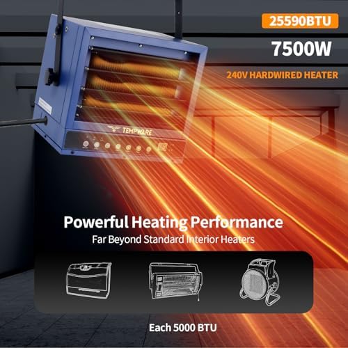 TEMPWARE 7500W Electric Garage Heater 240V Hardwired Ceiling Mount Heater | Shop Heater with 12H Timer, Overheat Protection, Digital Thermostat