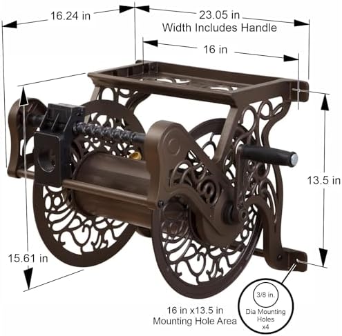 Liberty Garden 708 Steel Decorative Wall Mount Garden Hose Reel, Holds 125-Feet of 5/8-Inch Hose - Bronze