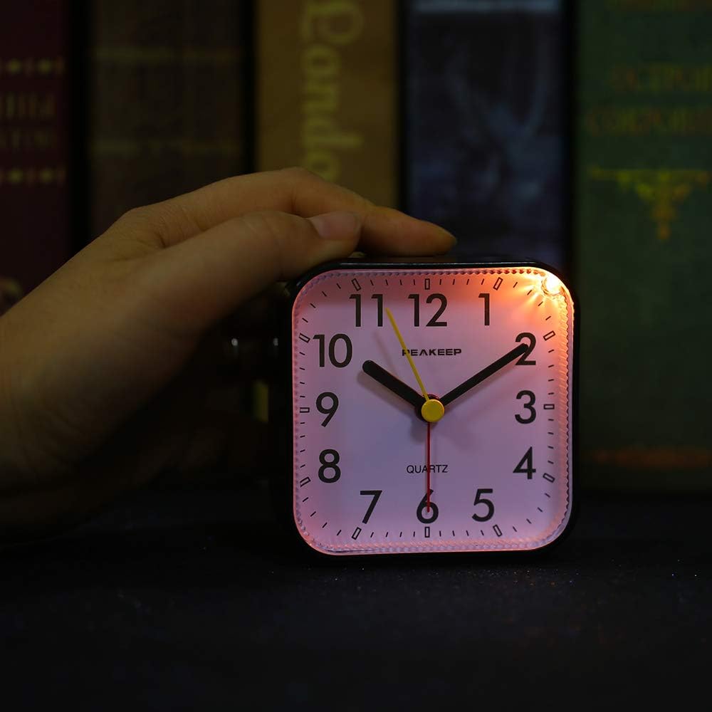 Peakeep Small Battery Operated Analog Travel Alarm Clock Silent | No Ticking, Lighted on Demand and Snooze, Beep Sounds, Gentle Wake, Ascending Alarm, Easy Set (Black)