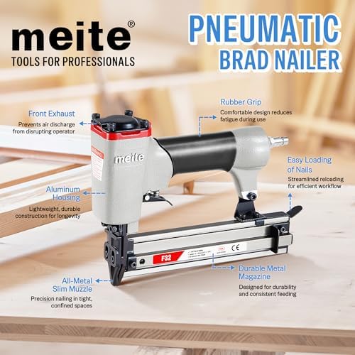 meite F32 Brad Nailer 18 Gauge 3/8" to 1-1/4" Pneumatic Tool for Woodworking Projects