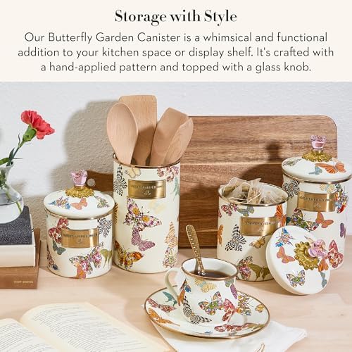 MACKENZIE-CHILDS Enamel Canister, Large, White Butterfly Garden | Hand-applied design, made from enameled steel, versatile kitchen storage container for flour and sugar, 64-ounce capacity