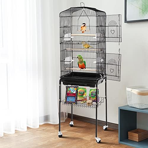 SUPER DEAL 59.3 Rolling Bird Cage Large Wrought Iron Cage for Cockatiel Sun Conure Parakeet Finch Budgie Lovebird Canary Medium Pet House with