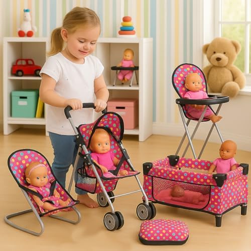 fash n kolor 4 Piece Baby Doll Play Set Flower Design Includes - Foldable Pack N Play, Baby Doll Stroller, Baby Doll High Chair, Infant Seat, Fits Up to 18'' Doll 4 Piece Doll Accessories Set