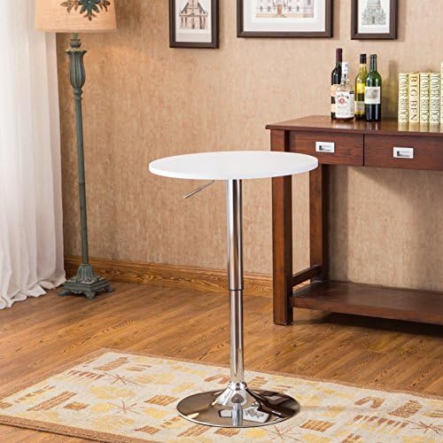 Roundhill Furniture Adjustable Height Wood and Chrome Metal Bar Table, White