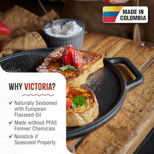 Victoria Rectangular Cast Iron Griddle. Double Burner Griddle, Reversible Grill, 13 x 8.5 Inch, Seasoned with 100% Kosher Certified Non-GMO Flaxseed Oil, Model: GDL-189