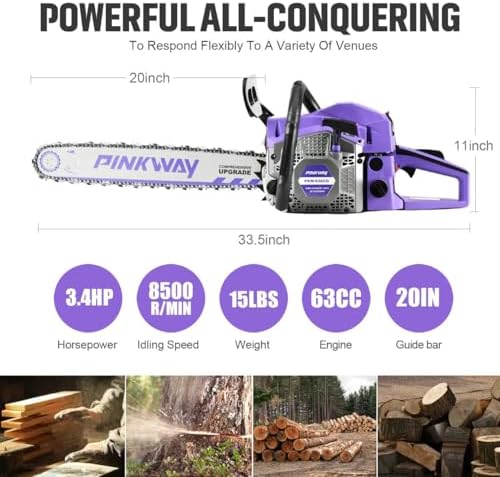 2-cycle 63CC Chainsaw Saw Gas Powered 20" Chain Saws Cordless Petrol Saw Handheld Chainsaw for Cutting Wood Trees Branches (63ACK)