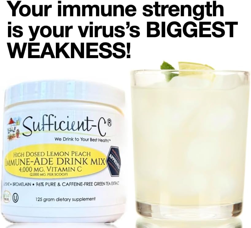 Sufficient-C High Dose Non-GMO Vitamin C Lemon Peach Immune-Ade Drink Mix, Convenient 125 Gram Size w/L-lysine