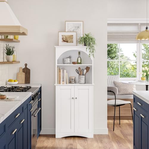 RiverRidge Kitchen Tall 2-Door Sideboard Buffet Storage Cabinet, White | Soft Close Hinges, Adjustable Shelves, Versatile Arched Design