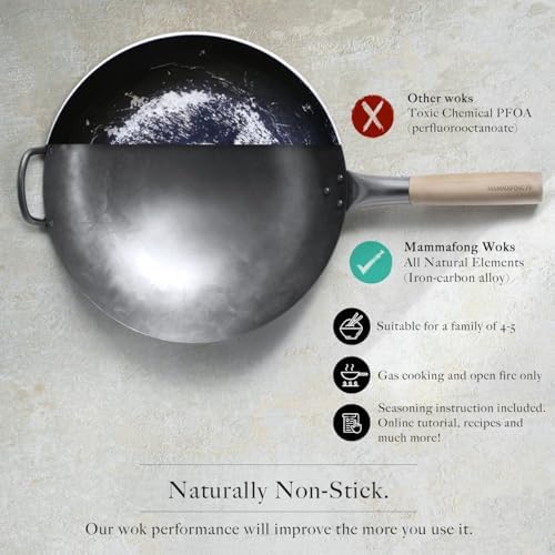 Round Bottom 14-inch Traditional Carbon Steel Wok Pan - Authentic Hand Hammered Woks and Stir Fry Pans - Pow Wok with no chemical coating