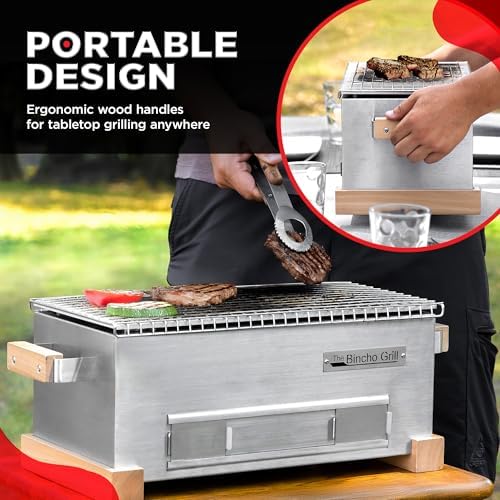 The Bincho Grill 16" Mini Yakitori Grill – Stainless Steel Mini Tabletop Charcoal BBQ with Charcoal Box