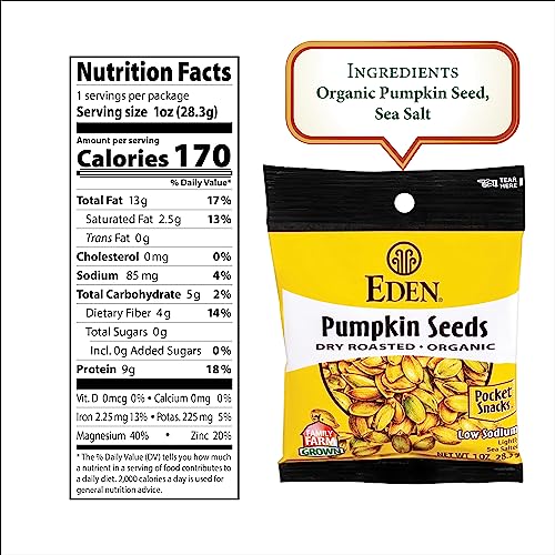 Eden Organic Pumpkin Seeds, Pocket Snacks, Dry Roasted, Lightly Salted, Hulled, Pepitas, 1 oz (24-Pack Case)