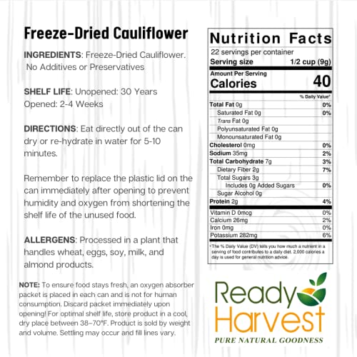 Ready Harvest Freeze Dried Food - Cauliflower | Emergency Food | Camping & Storage | #10 Can | 25-Year Shelf Life | Cans Filled to the Top
