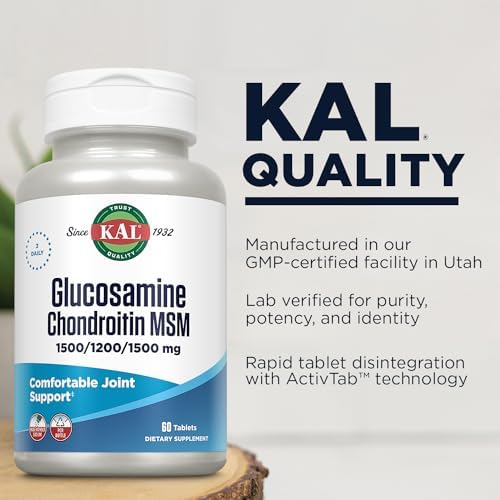 KAL Glucosamine Chondroitin MSM, Joint Support Supplement for Women and Men, 1500mg Glucosamine Sulfate, 1200mg Chondroitin, MSM, Rapid Disintegration, 60-Day Guarantee, 30 Servings, 90 Tablets