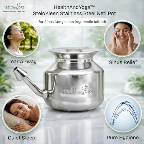HealthAndYoga(TM) Stainless Steel Neti Pot for Sinus Congestion (Ayurvedic JalNeti)