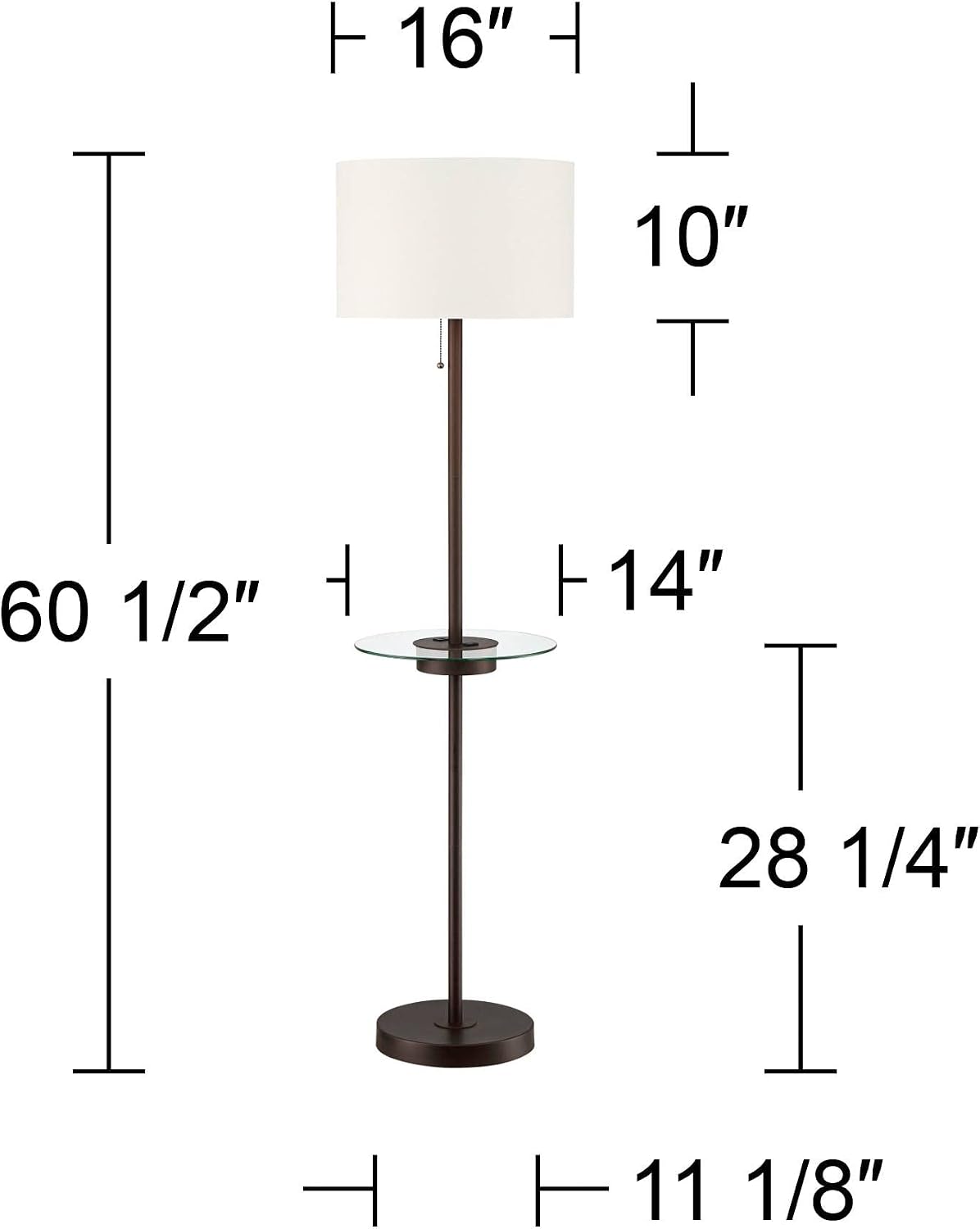 360 Lighting Caper 60 1/2" Tall Nickel Tray Table USB and Outlet Floor Lamp | Modern with AC Power on Glass 5 Satin White Fabric Drum Shade for Living Room Reading House Bedroom