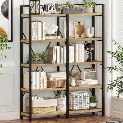 FATORRI Bookshelf, 5 Tier Industrial, 51 Inch Wide 69 Inch Tall Etagere Bookcase