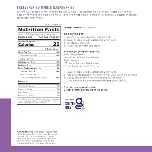 Augason Farms Freeze-Dried Whole Raspberries Can | Emergency Food Supply, 23 Servings, 30 Year Shelf Life, Great for Cooking, Baking, and Snacks