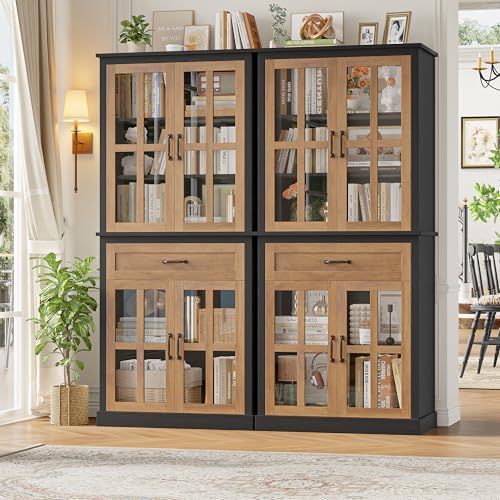 FOTOSOK 71'' Tall Kitchen Cabinet with Glass Doors and Drawer | Freestanding Food Pantry with Adjustable Shelves for Dining, Living Room, Natural