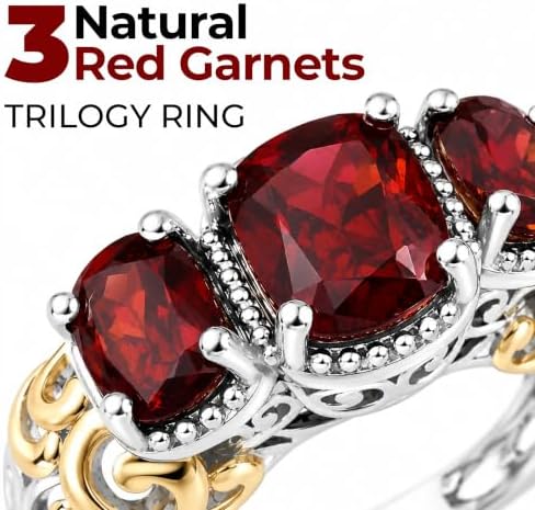 3 Stone Garnet Ring Silver with 14K Gold Plating January Birthstone Ring