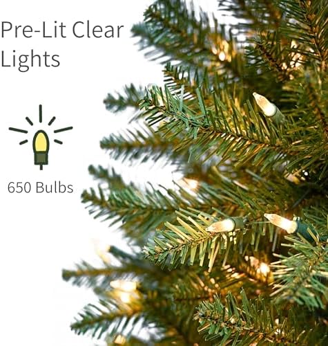 Puleo International 7.5ft Pre-Lit Fraser Fir Pencil Christmas Tree with 350 Clear Lights, 1188 Realistic Dense Branch Tips, Easy Setup Artificial Trees with Sturdy Metal Stand