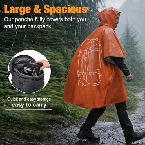 4 Pack Emergency Survival Mylar Poncho | 90% Heat Retention, Waterproof, Windproof, Tear-Resistant, Individually Packed for Hiking, Camping, Car Emergency Kit