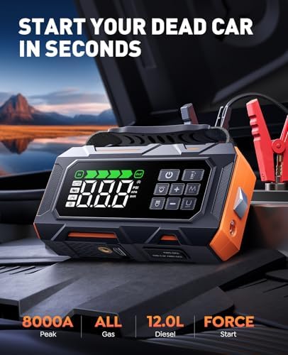 TREKURE 16-in-1 8000A Car Battery Jump Starter with Air Compressor 160PSI, Jump Starter Jump Box (All Gas 12L Diesel) with Portable Jumper Cables