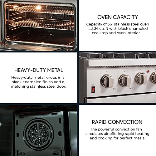 FORNO Galiano Dual Fuel 36" Inch. Freestanding Range 6 Sealed Brass Burners Cooktop - 5.36 Cu. Ft. Convection Electric Oven - Stainless Steel Stove