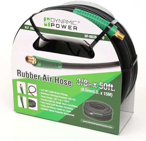 DYNAMIC POWER Premium Black Rubber Air Hose 3/8" x 50' 300 PSI Assembly with 1/4" Male Pipe Thread Fittings & Bend Restictors.