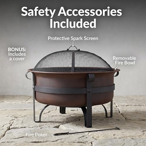Sunnydaze Round Patio Fire Pit for Outside Wood Burning, Dark Bronze, 29"