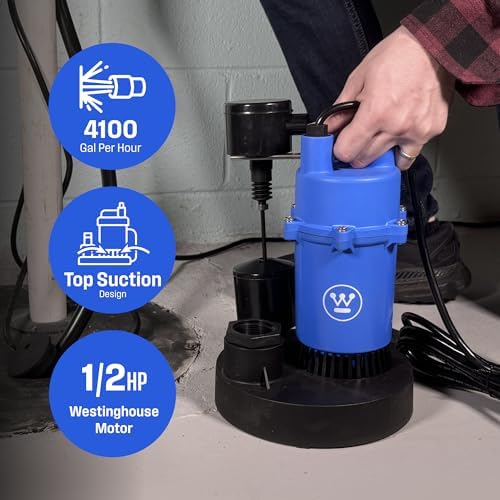 Westinghouse Sump Pump 1/2 HP 69 GPM Submersible Water Pump Thermoplastic Portable Utility Pump High Flow Water Removal for Swimming Pool Garden Pond Basement Window Wells with 10ft Long Power Cord