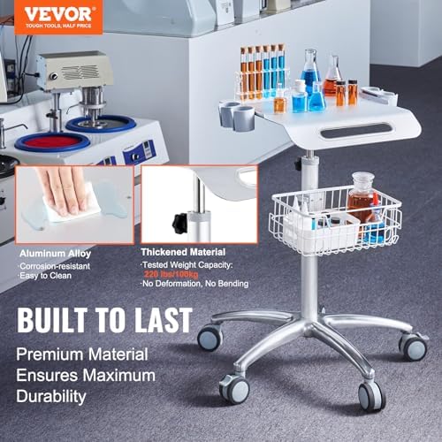 VEVOR Medical Trolley with Wheels - Height Adjustable Gas Lift, Large Tabletop 19"×17", Stainless Steel Rolling Laptop Cart with Storage Basket