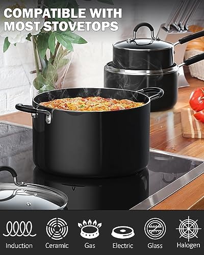 Cook N Home 8-Piece Nonstick Pot and Pan Set with Lid Induction Compatible | Cookware Set Includes Saucepan with Lid, Stockpot with Lid, Frying Pan, Kitchenware set Non Stick, Black