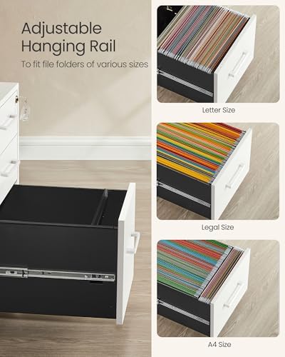 SONGMICS File Cabinet, Pre-Assembled Except Wheels and Handles, Office Filing Cabinet with Lock, for A4, Legal, Letter Sized Documents